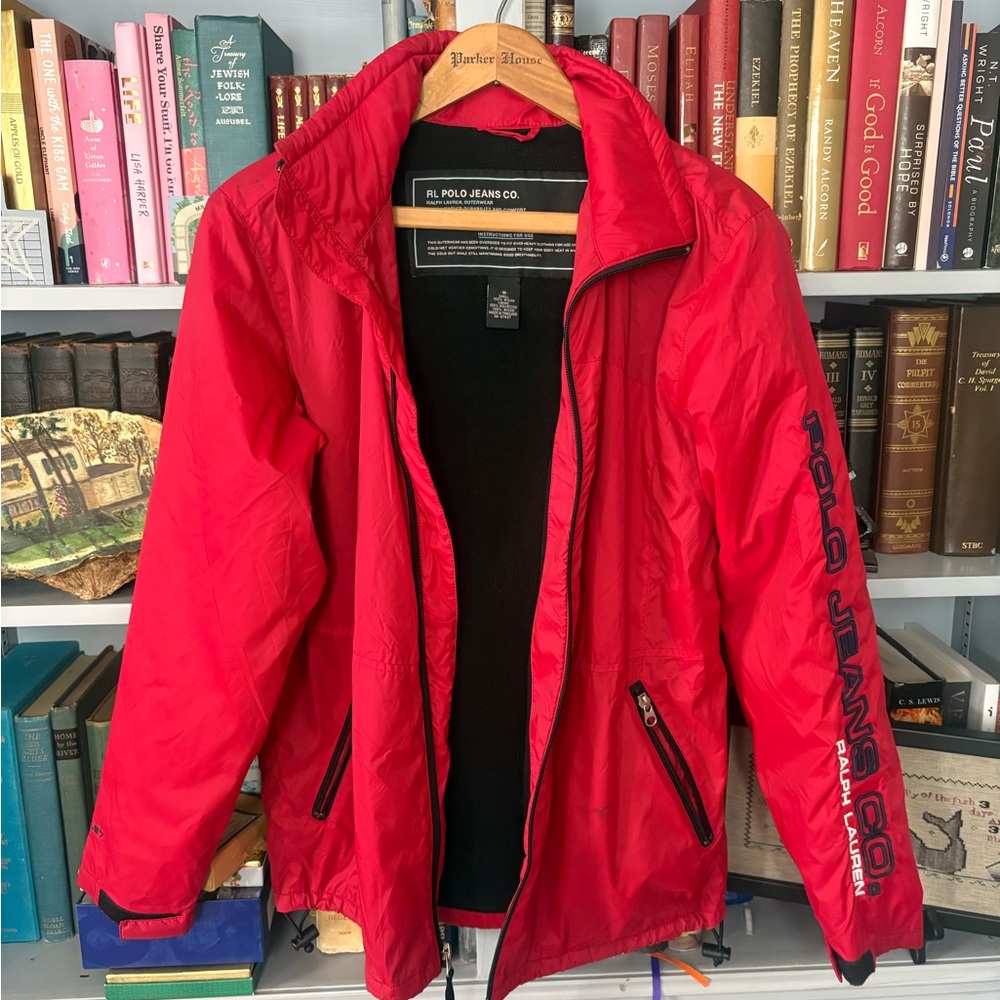 VTG Polo Jeans Co Ralph Lauren Red Windbreaker Spell Out Sleeve Hooded M Y2K
